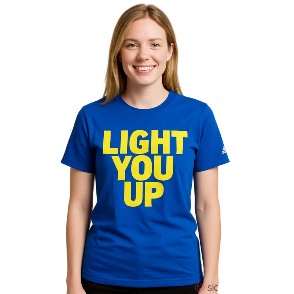 Addidas cotton women Climalite Light You Up logo blue yellow vintage graphic tee